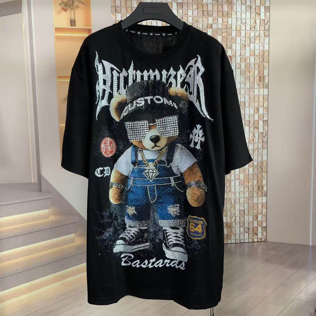 A221 - Hypebeast Teddy Bear Oversized Tee - 320g Heavyweight Breathable Cotton - Premium Rhinestone & Big Crystal Sunglasses Luxury Streetwear Shirt