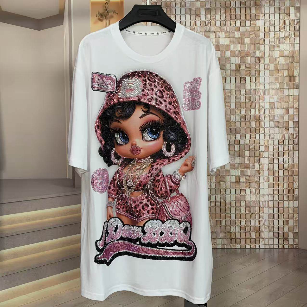 A218 - Betty Boop Y2K Sparkle Oversized Tee - 320g Heavyweight Premium Cotton - Luxury Rhinestone Bling Streetwear Boxy T-Shirt