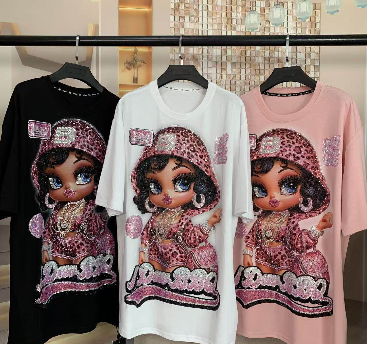 A218 - Betty Boop Y2K Sparkle Oversized Tee - 320g Heavyweight Premium Cotton - Luxury Rhinestone Bling Streetwear Boxy T-Shirt