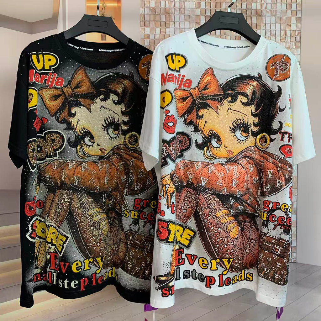 A224 - Betty Boop Y2K Mashup Sparkle Oversized Tee - 320g Heavyweight Breathable Cotton - Premium Bling Character Streetwear Boxy T-Shirt