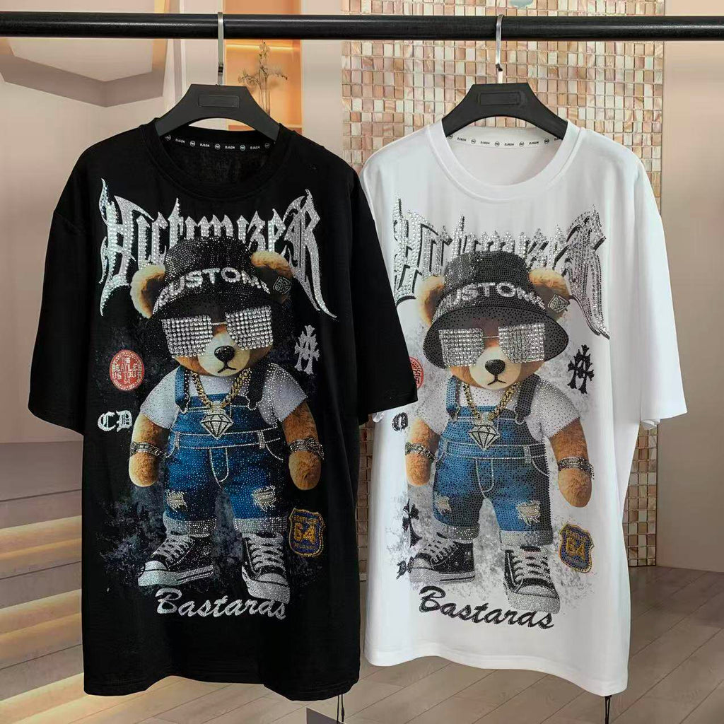 A221 - Hypebeast Teddy Bear Oversized Tee - 320g Heavyweight Breathable Cotton - Premium Rhinestone & Big Crystal Sunglasses Luxury Streetwear Shirt