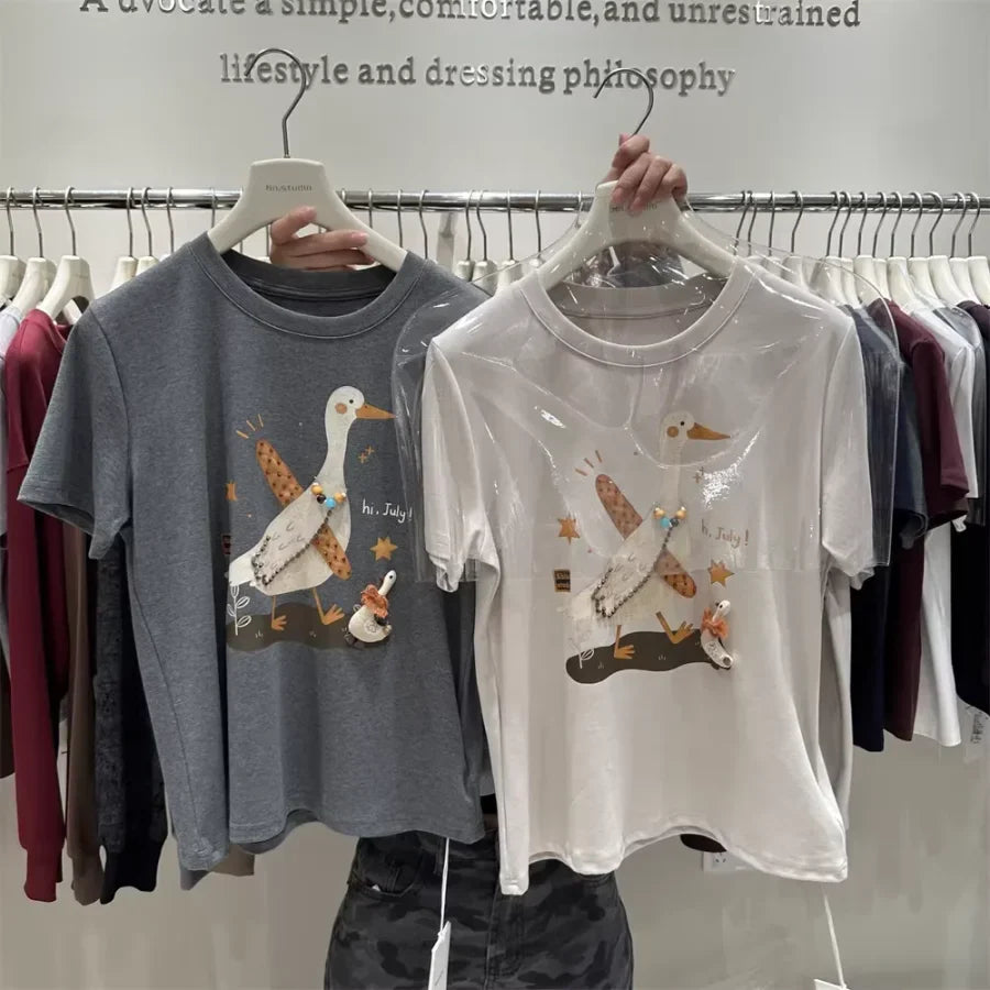 A106 - "Hi, July!" Artistic Goose Graphic T-Shirt - 220g Ultra-Heavyweight Cotton Tee with 3D Beaded Necklace & Patchwork Details