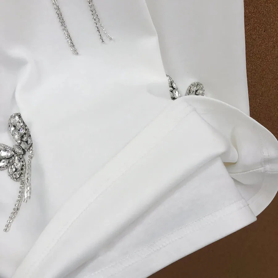 VINESU A26 - Rhinestone Butterfly Tassel Crew Neck Cotton T‑shirt, Soft & Stylish