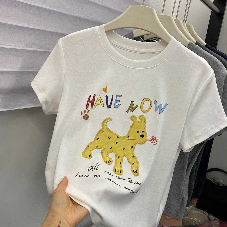 A186 - Doodle Puppy Graphic Tee - Hand-Embroidered Artistic Detail - 220g Premium Heavyweight Cotton