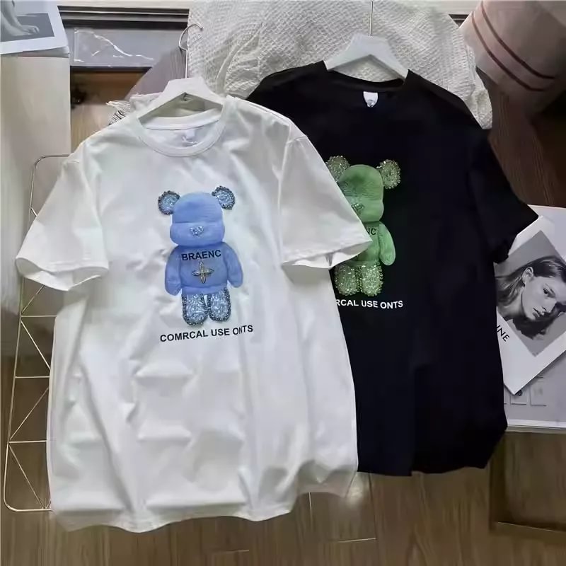VINESU 3D Bear Rhinestone-Embellished T-Shirt - Casual Streetwear
