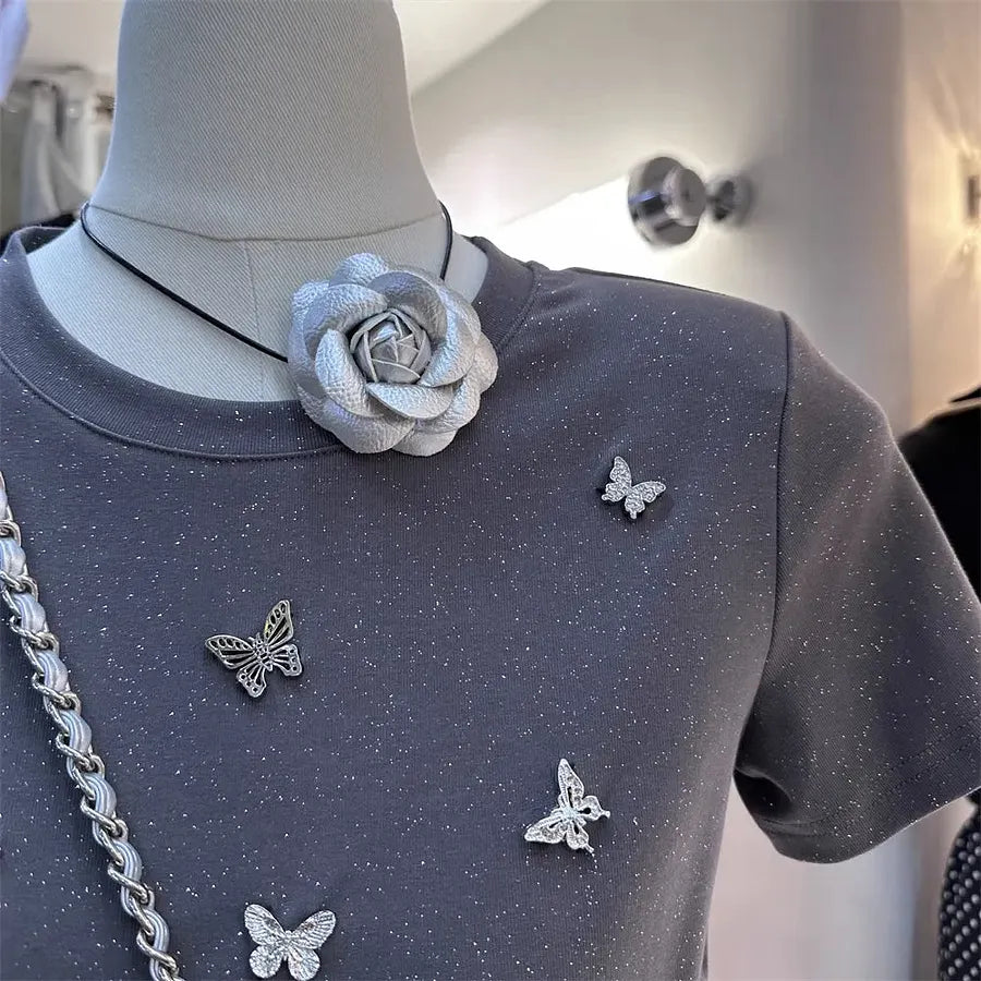 VINESU Heavy- Butterfly Embellishment Sequin Tee