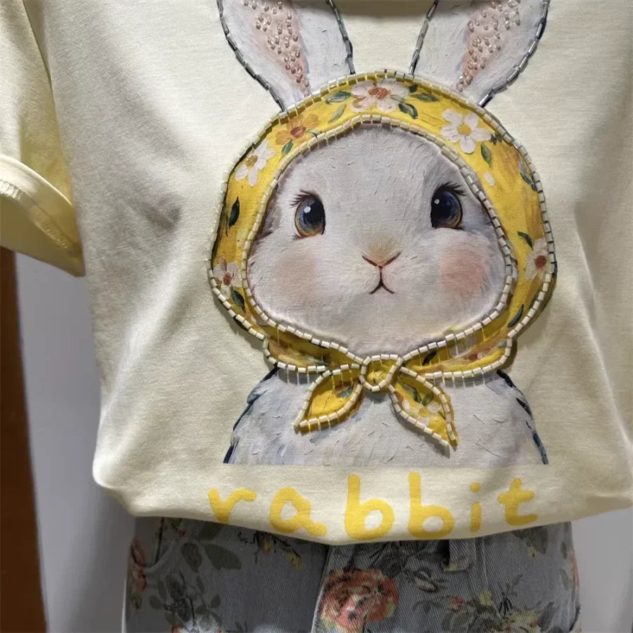 A122 -220g Cotton Tee with Hand-Beaded Bunny & Floral Hood Motif
