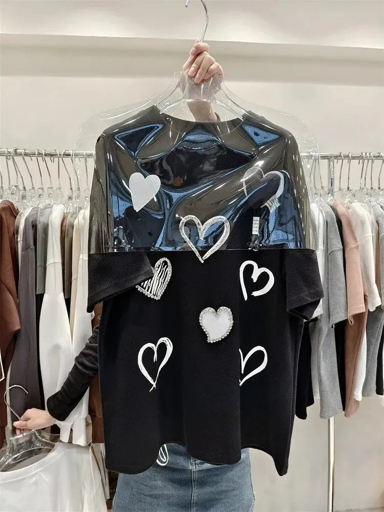VINESU A25 - Heart Rhinestone & 3D Print Oversized Tee