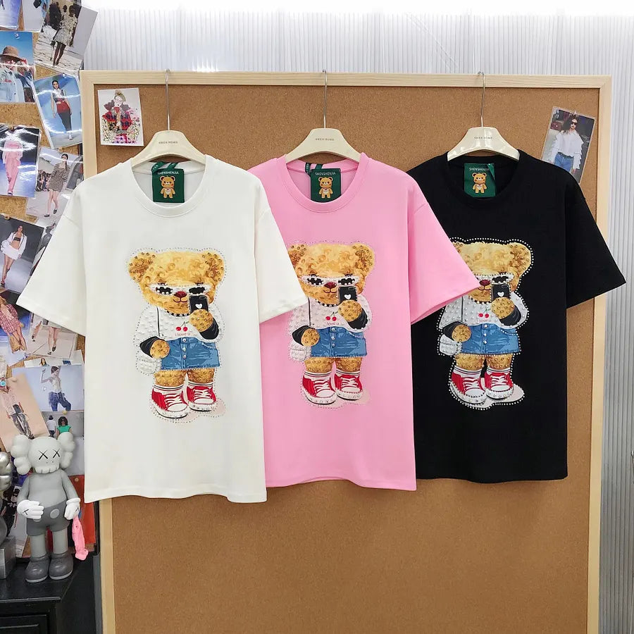 VINESU A18 - Selfie Teddy Bear Print Hand-Beaded Casual T-Shirt