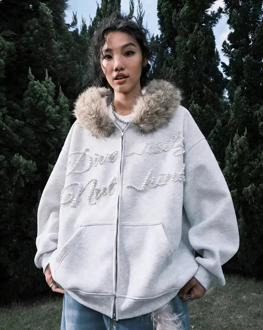 VINESU A34 - Oversized Fur Trim Rhinestone Letter Zip Up Hoodie, "Diversity" Graphic Streetwear Hoodie