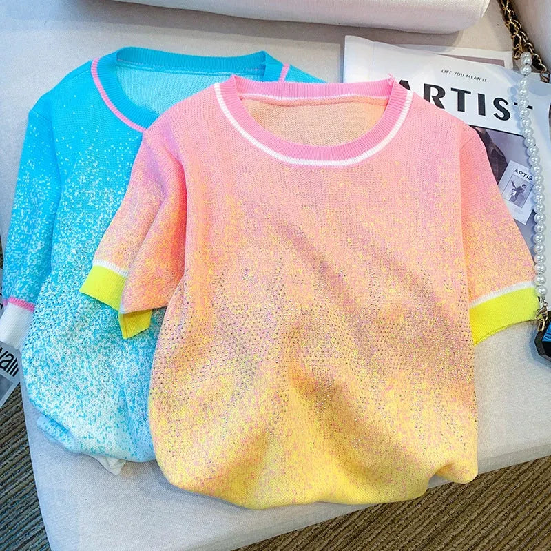 VINESU Gradient color hot diamond-heavy ice silk sweater