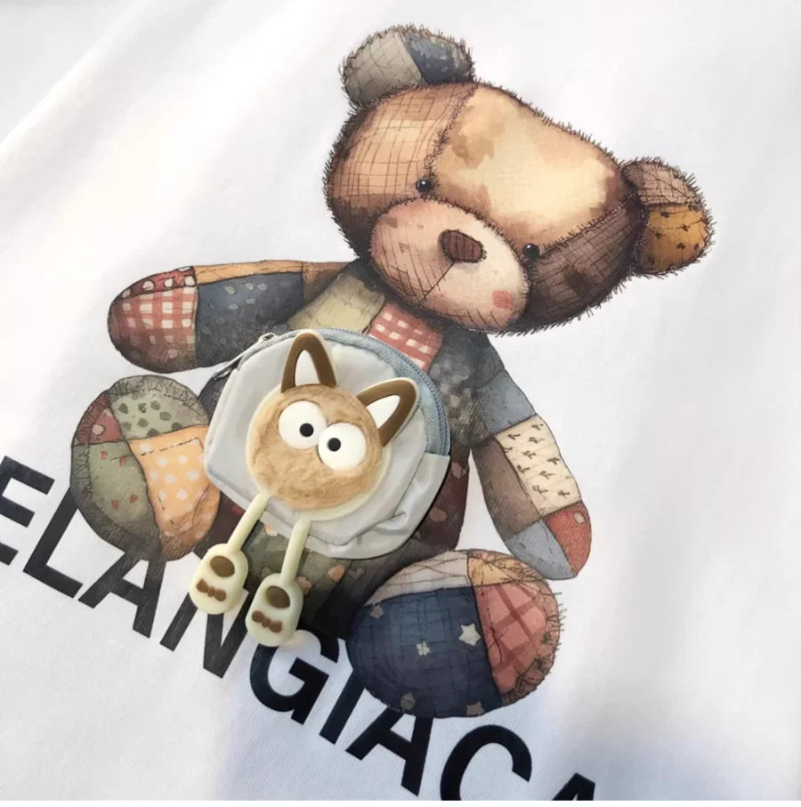 A144 - 3D Mini Pouch Patchwork Bear T-Shirt - 220g Heavyweight Pure Cotton