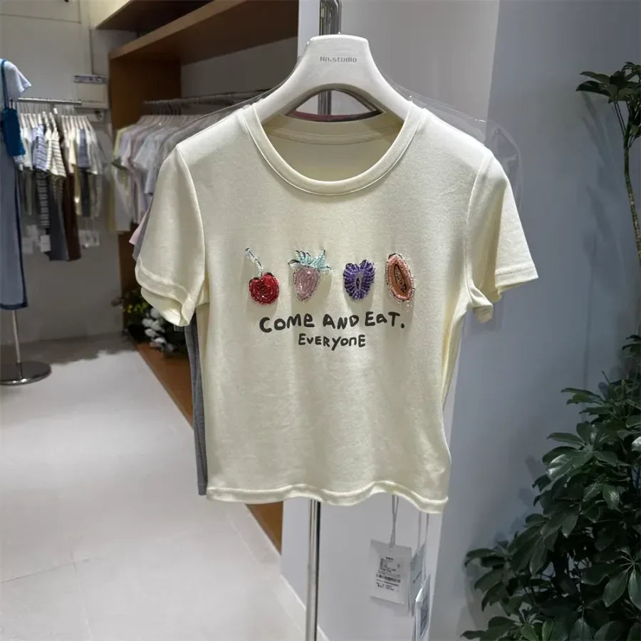 A121 - Luxury Fruit Embroidery Beaded T-Shirt - 100% Heavy Cotton