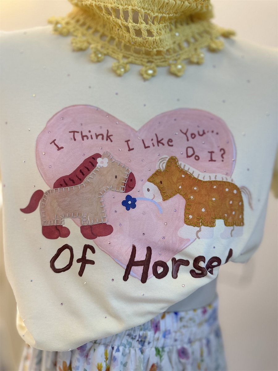 A182 - "Of Horse" Funny Graphic Tee - Sparkling Rhinestone & Embroidered Pony - 220g Premium Heavyweight Cotton