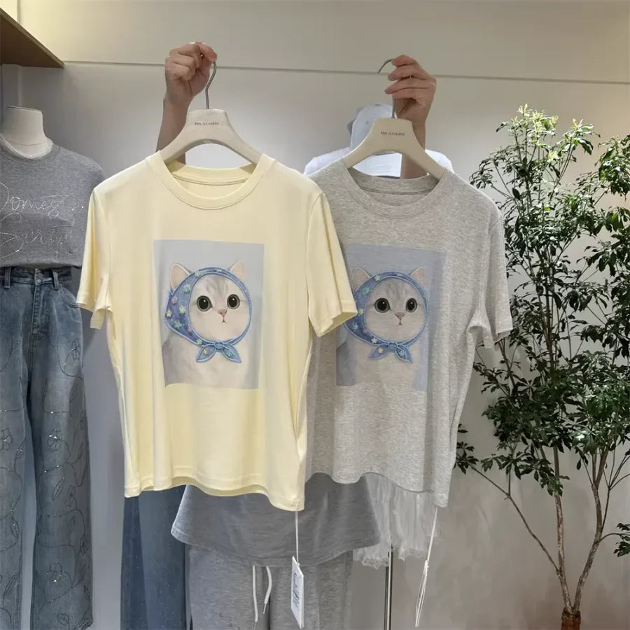 A125 - 220g Heavyweight Cotton Kawaii Cat Graphic T-Shirt - 3D Hand-Crocheted & Beaded Bandana Detail - Premium Boutique Aesthetic Tee