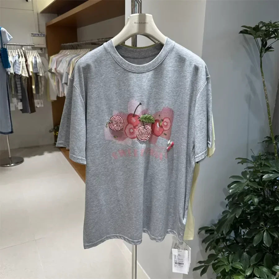 A134 - Heavywork Cherry Tee: 220g Organic Cotton | 3D Hand-Stitched Crystal Beads | Summer 2026 Edition
