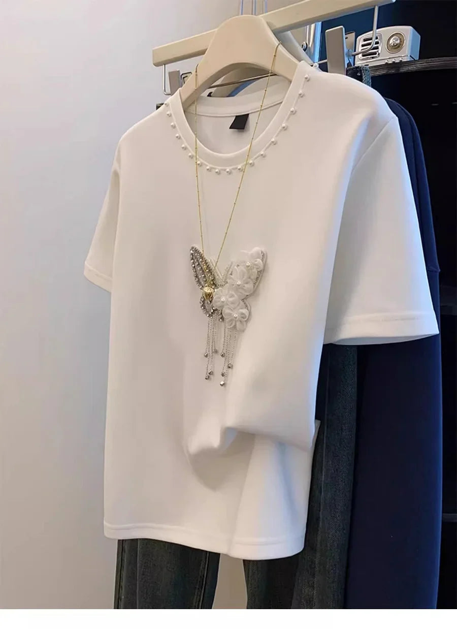 VINESU 🎀Beaded bow-decorated short-sleeved T-shirt