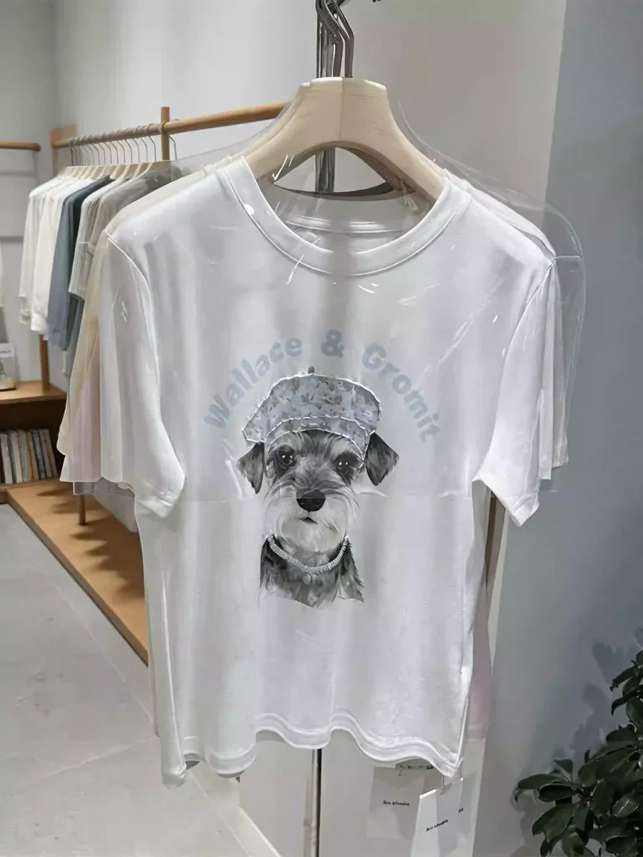 A124 - Wallace & Gromit Schnauzer Graphic T-Shirt - Floral Beret Dog Print Tee with Beaded Embroidery - Y2K Aesthetic Cotton Top
