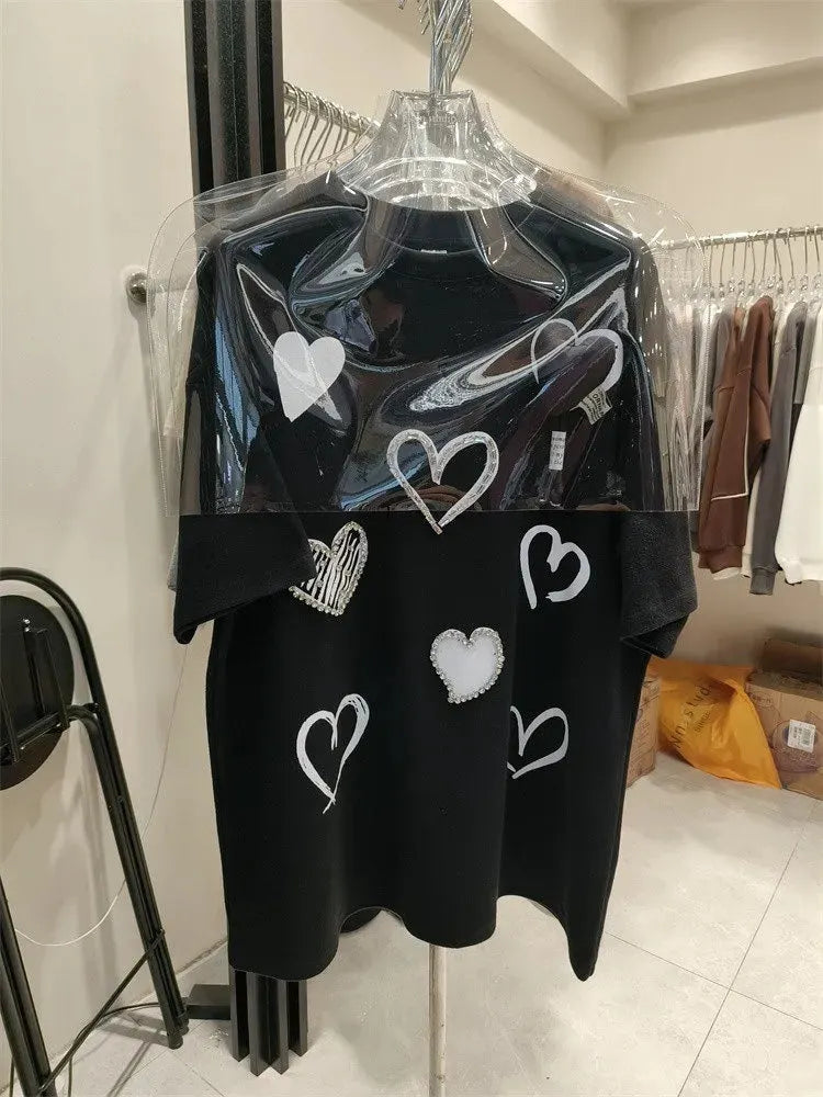 VINESU A25 - Heart Rhinestone & 3D Print Oversized Tee