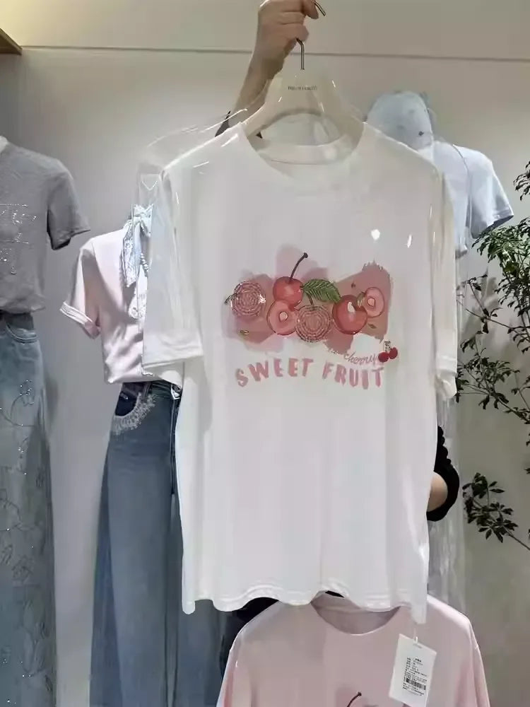 A134 - Heavywork Cherry Tee: 220g Organic Cotton | 3D Hand-Stitched Crystal Beads | Summer 2026 Edition