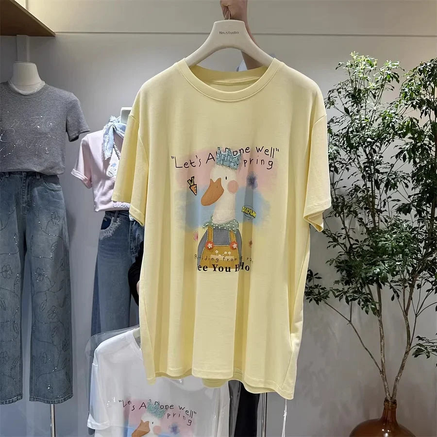 A128 - Premium 220g Cotton Graphic Tee – Cute "See You Hello" Duck with 3D Beaded Crown & Embroidery – Oversized Casual Streetwear