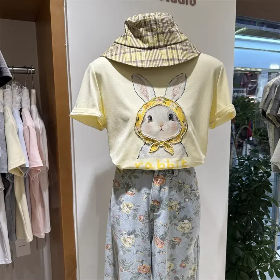 A122 -220g Cotton Tee with Hand-Beaded Bunny & Floral Hood Motif