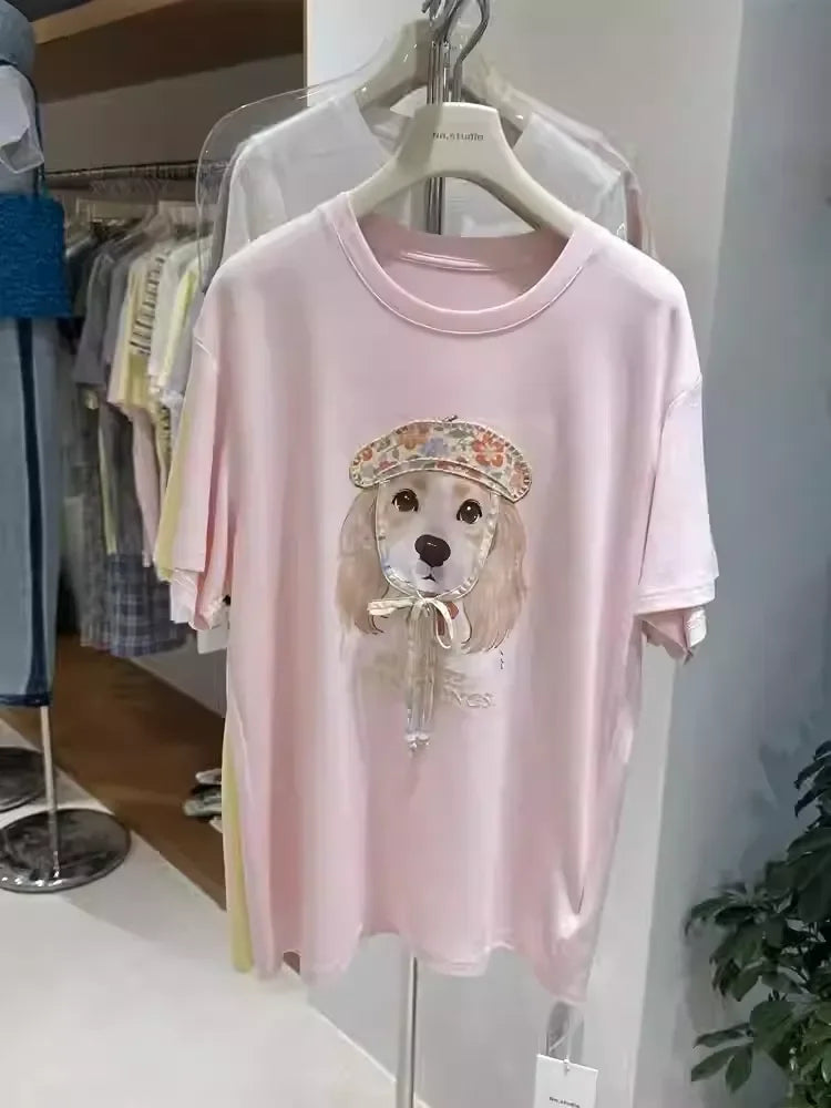 A119 - Vintage French Style Dog Tee - 220g Pure Cotton with Floral Beret Patch & 3D Ribbon Detail