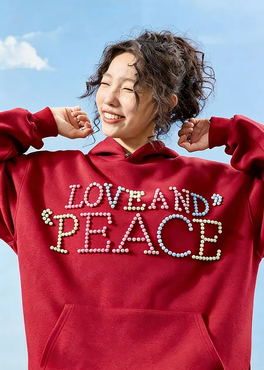 VINESU a38 - Pearl-Embellished "LOVE AND PEACE" Graphic Hoodie, Y2K Aesthetic Pullover