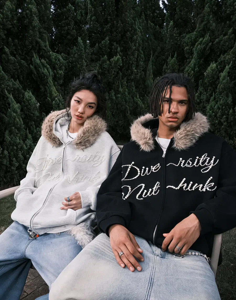 VINESU A34 - Oversized Fur Trim Rhinestone Letter Zip Up Hoodie, "Diversity" Graphic Streetwear Hoodie