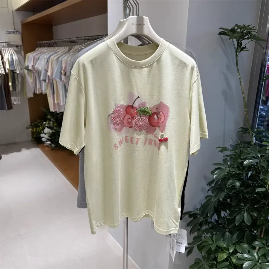 A134 - Heavywork Cherry Tee: 220g Organic Cotton | 3D Hand-Stitched Crystal Beads | Summer 2026 Edition