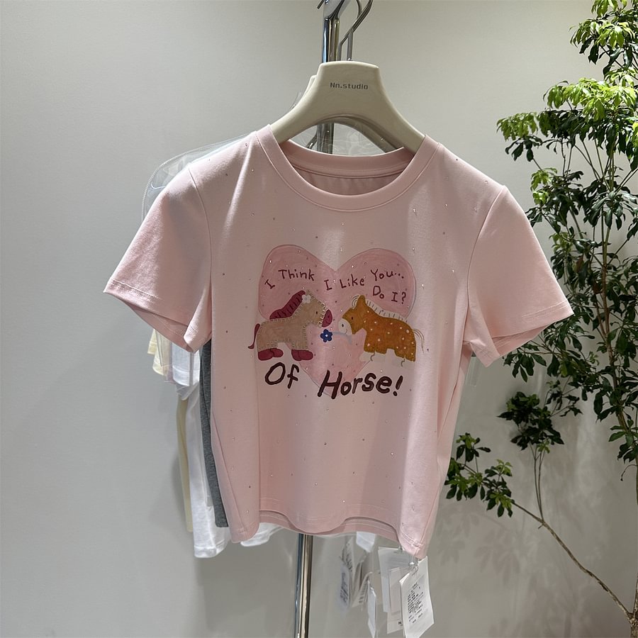 A182 - "Of Horse" Funny Graphic Tee - Sparkling Rhinestone & Embroidered Pony - 220g Premium Heavyweight Cotton