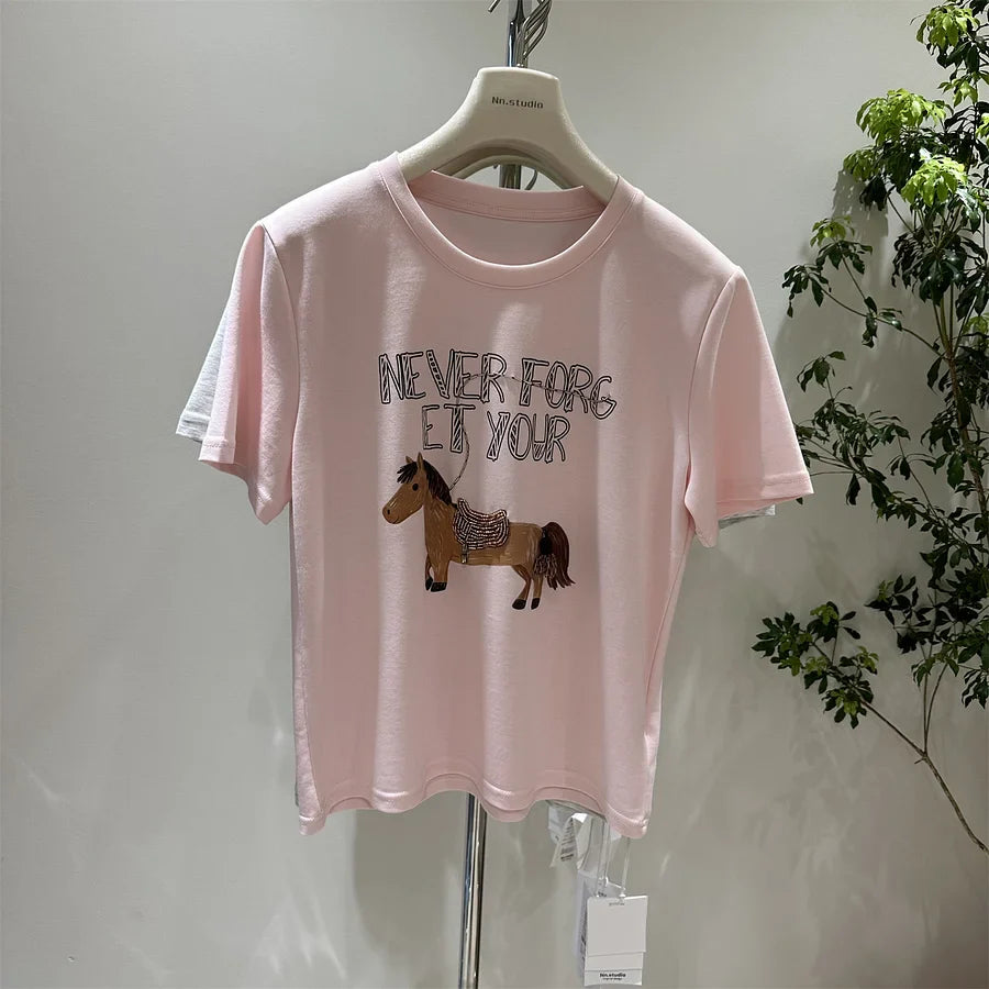 A192 - Artisan Embroidered Horse Graphic Tee - Heavyweight 220g Premium Cotton T-Shirt with Beaded Detail