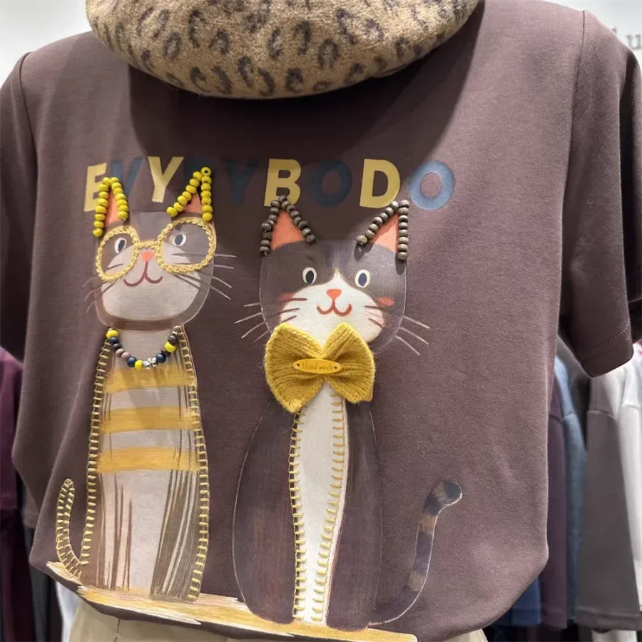 A105 - 220g Heavyweight Cotton Creative 3D Cat Graphic T-Shirt with Handmade Beaded Glasses & Bowtie - Premium Loose Fit Tee