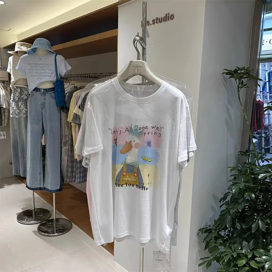 A128 - Premium 220g Cotton Graphic Tee – Cute "See You Hello" Duck with 3D Beaded Crown & Embroidery – Oversized Casual Streetwear
