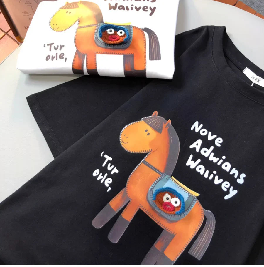 A110 - Artisan 3D Crochet Horse Graphic Tee - Hand-Knitted Detail & Premium Cotton, Boutique Style Embroidered Top