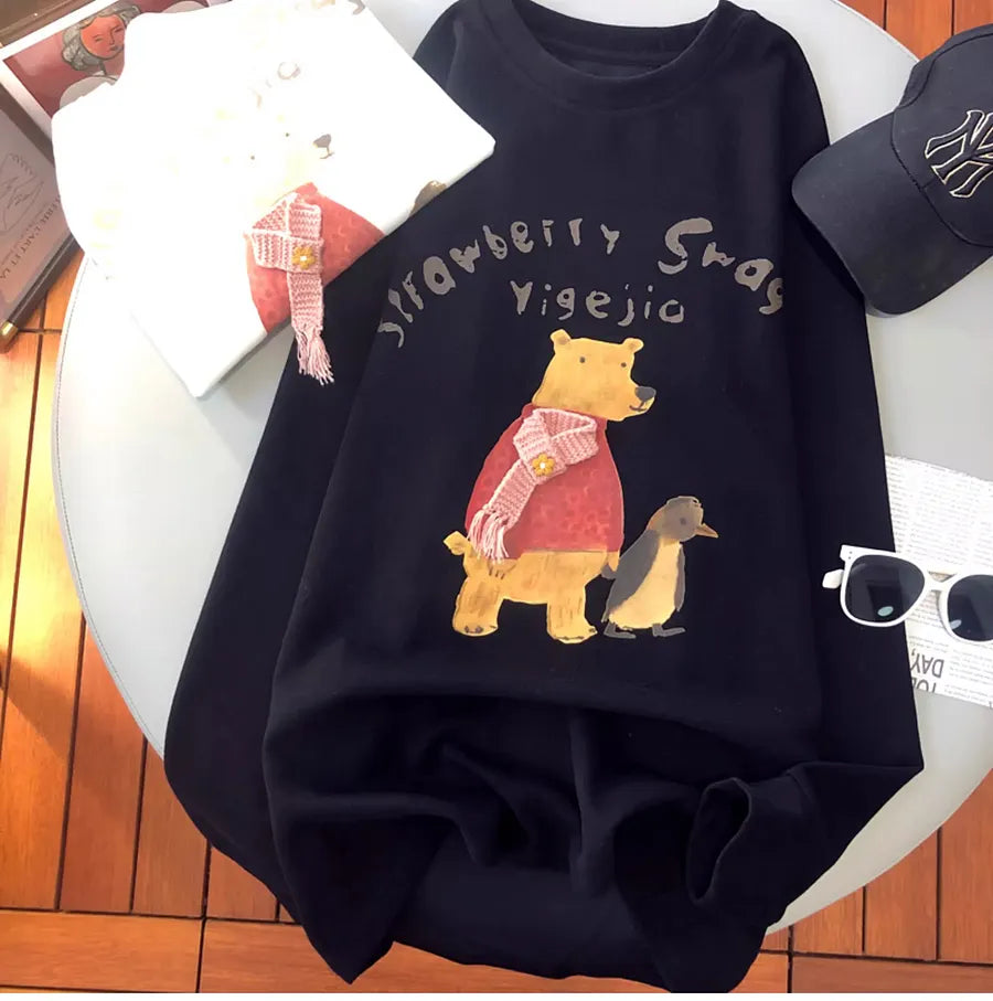 VINESU A13 - Strawberry Swan Bear & Penguin Long Sleeve Tee with 3D Scarf