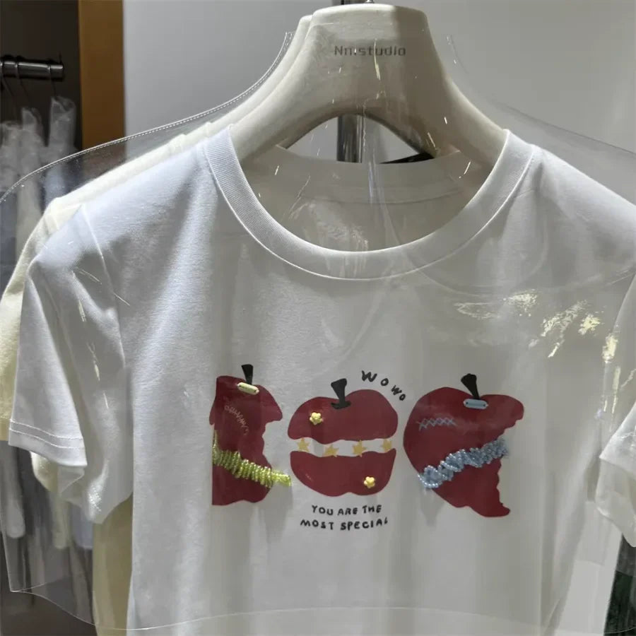 A117 - Premium 220 GSM Heavyweight Cotton Tee - Artistic Apple Graphic with Handmade 3D Details