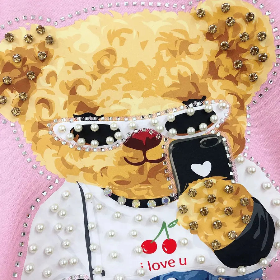 VINESU A18 - Selfie Teddy Bear Print Hand-Beaded Casual T-Shirt