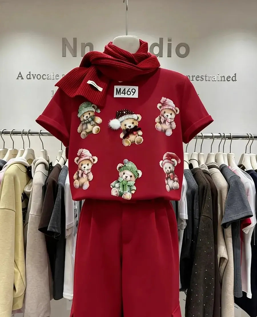VINESU M469 - Christmas Bear Print T-Shirt