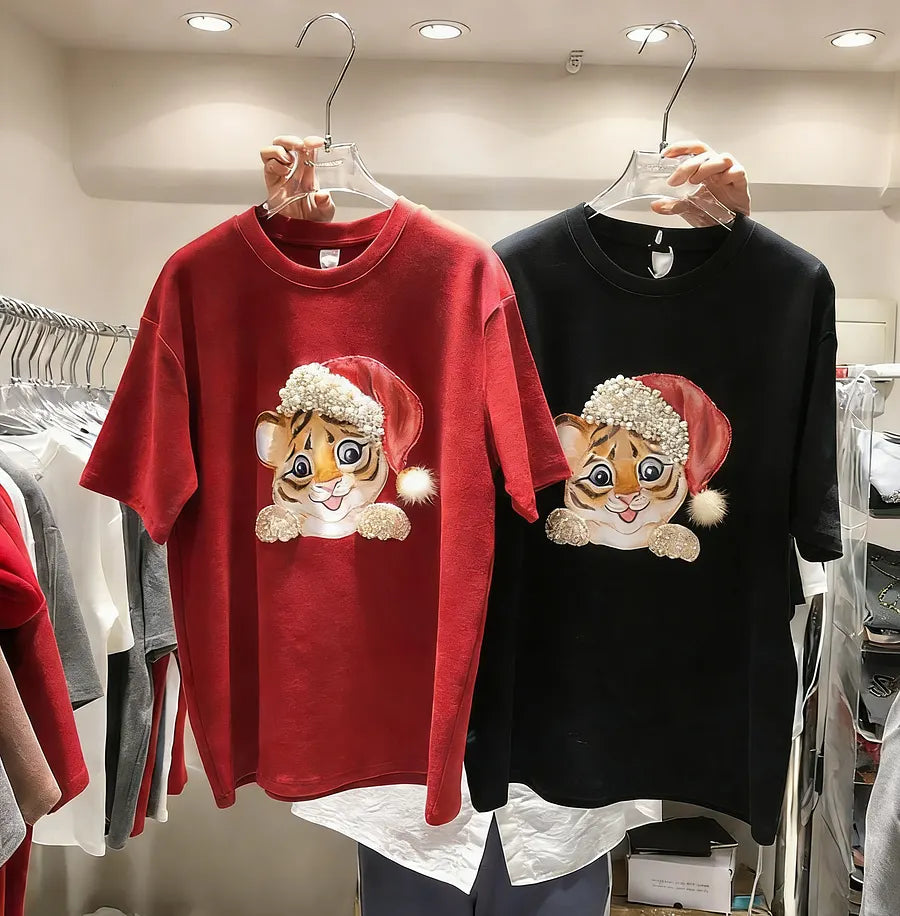 VINESU A03 - Christmas Tiger Pearl & Crystal Embellished 220g Cotton Oversized Tee