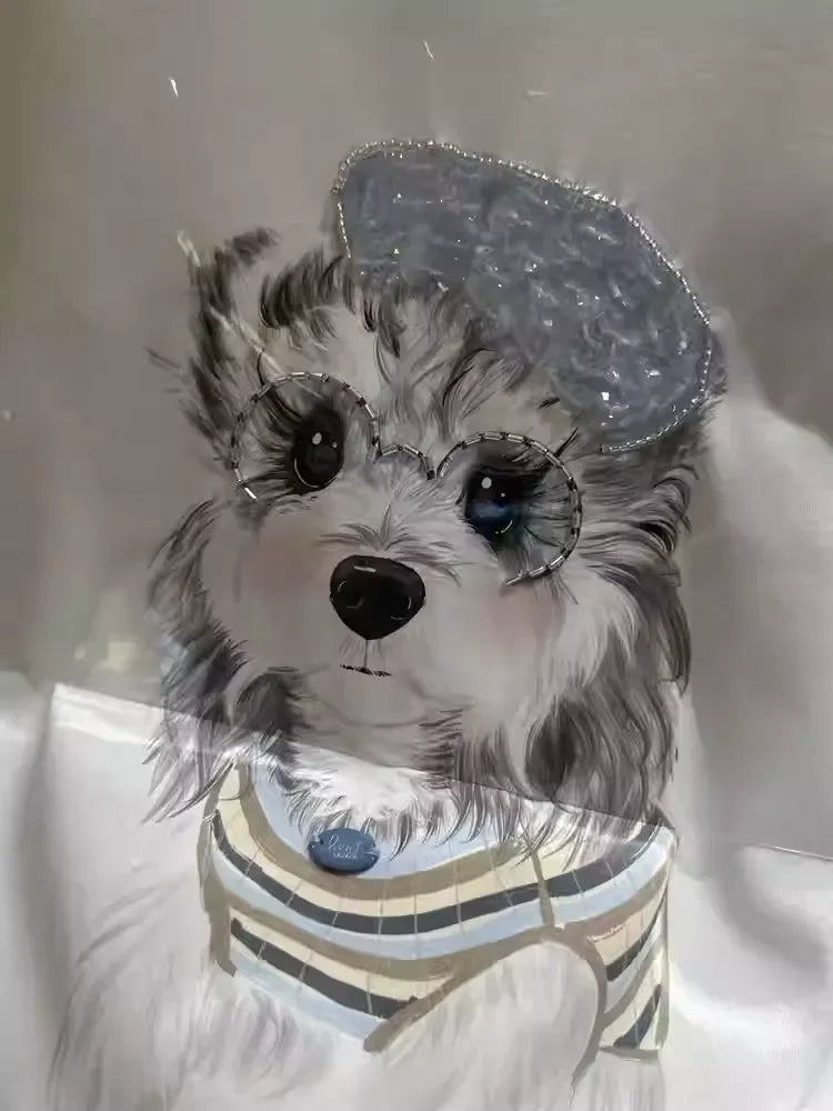 A127 - 220g Heavyweight Cotton Poodle Graphic Tee - 3D Terry Cloth Embroidery Dog & Heart Balloon T-Shirt - Premium Boutique Summer Top
