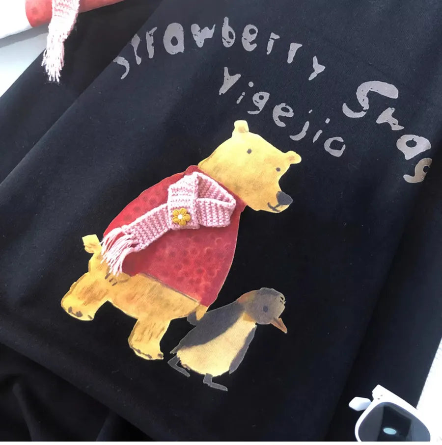 VINESU A13 - Strawberry Swan Bear & Penguin Long Sleeve Tee with 3D Scarf