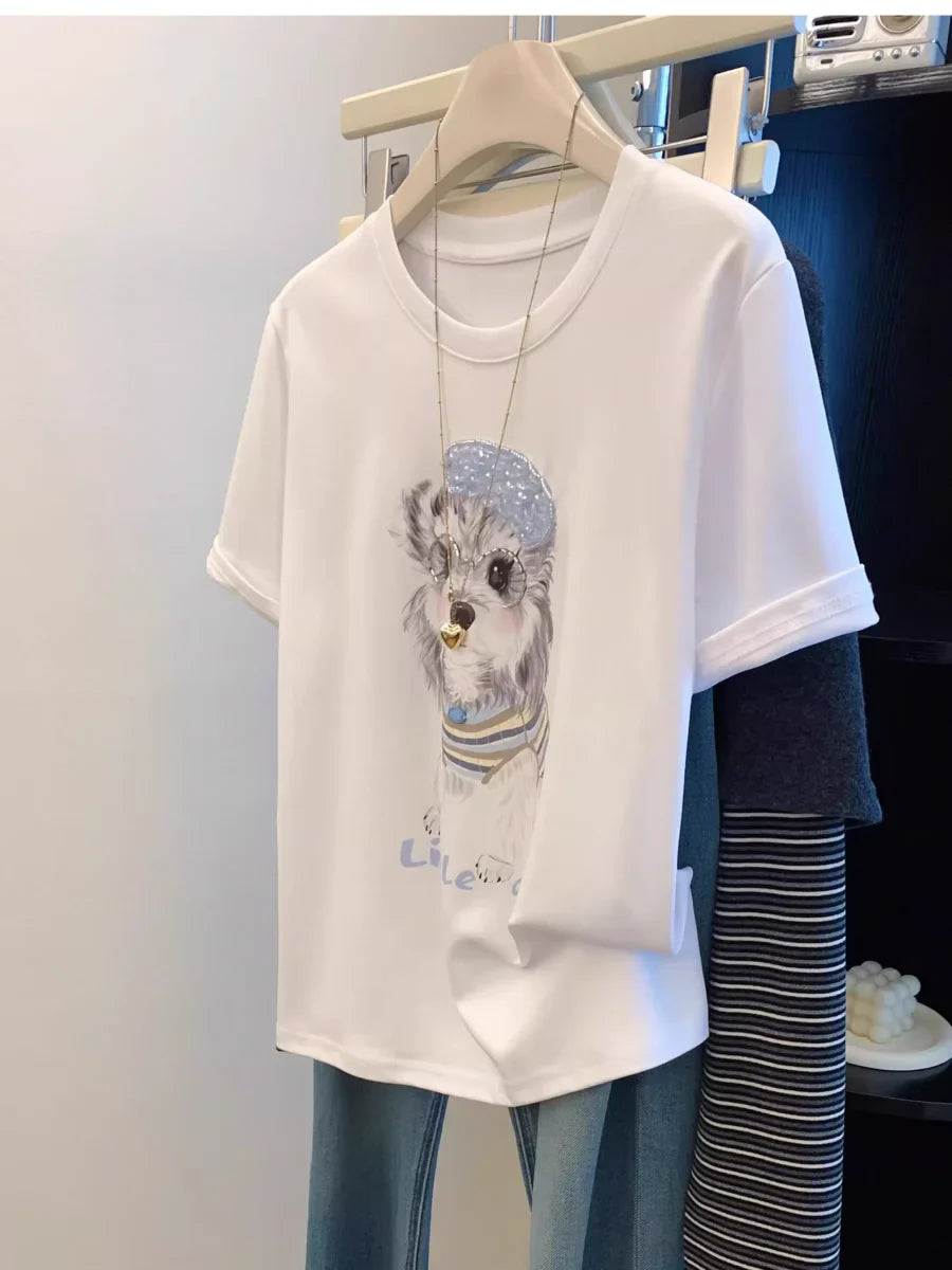 A100 - Cute Shih Tzu Graphic Tee - Women’s White 220g Premium Cotton T-Shirt with Sequin Beret