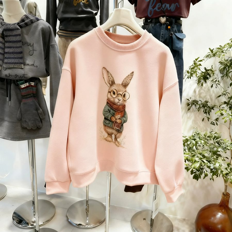 VINESU Heavy-Duty Glasses Bunny Crewneck Sweatshirt - Trendy Casual Style