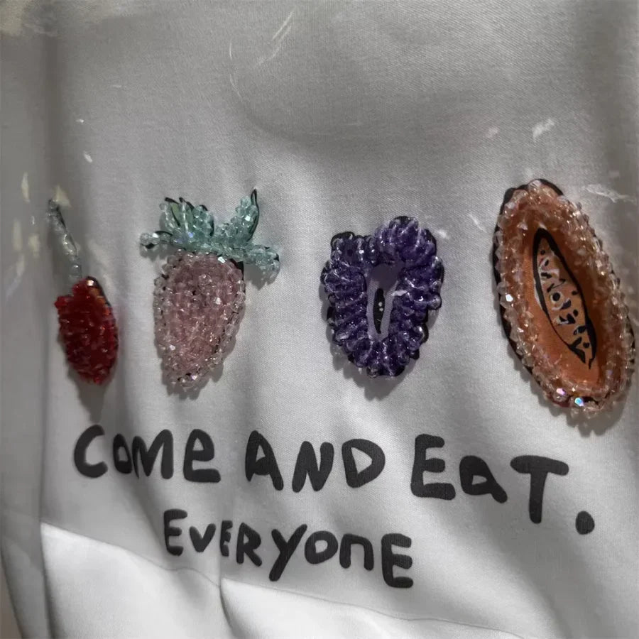 A121 - Luxury Fruit Embroidery Beaded T-Shirt - 100% Heavy Cotton