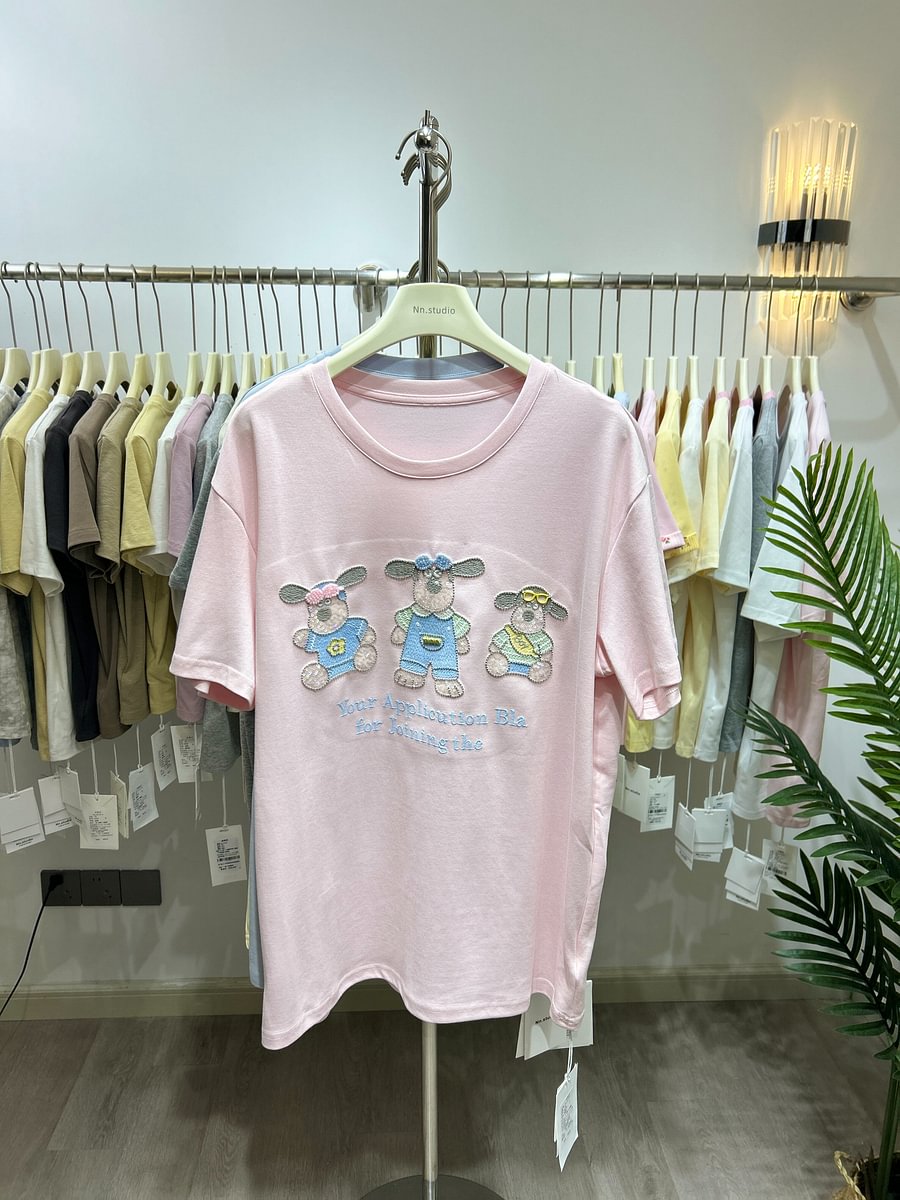 A164 - Luxury Three Bears 3D Embroidery T-Shirt - 320g Ultra-Heavyweight Cotton - Structured Boxy Fit Streetwear Top