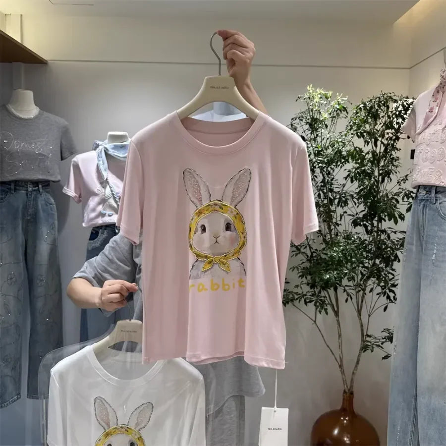 A122 -220g Cotton Tee with Hand-Beaded Bunny & Floral Hood Motif