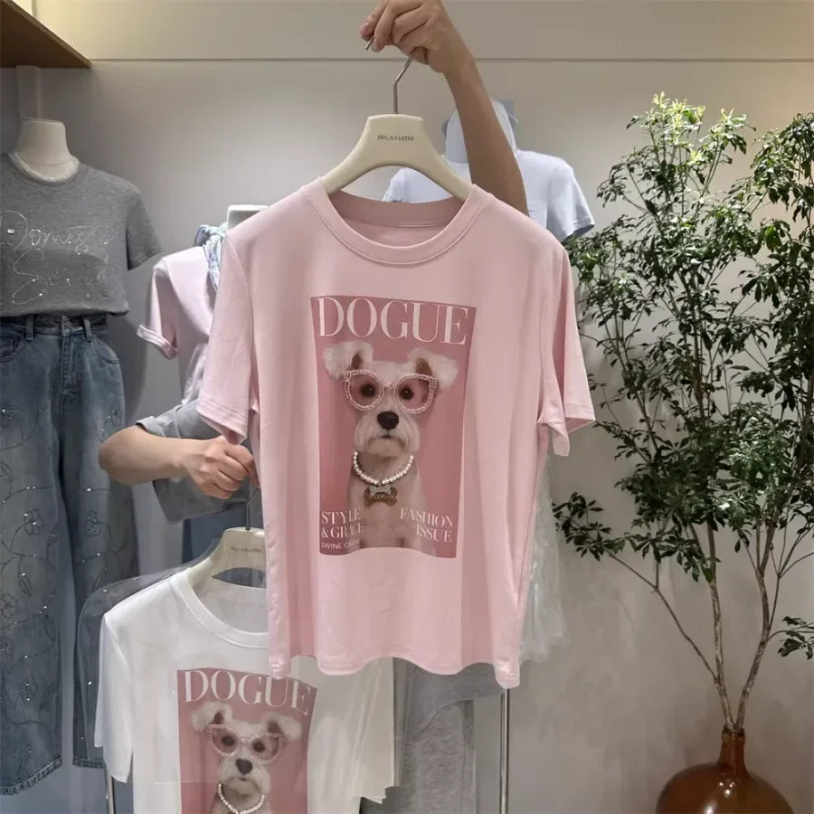 A116 - Premium 220 GSM Cotton Graphic Tee - "DOGUE" Schnauzer with Hand-Stitched Pearls & 3D Crystal Glasses