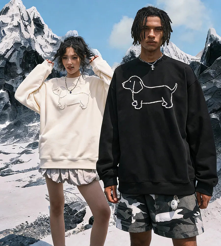 VINESU A35 - Oversized Pearl-Embellished Dachshund Graphic Sweatshirt, Couple’s Matching