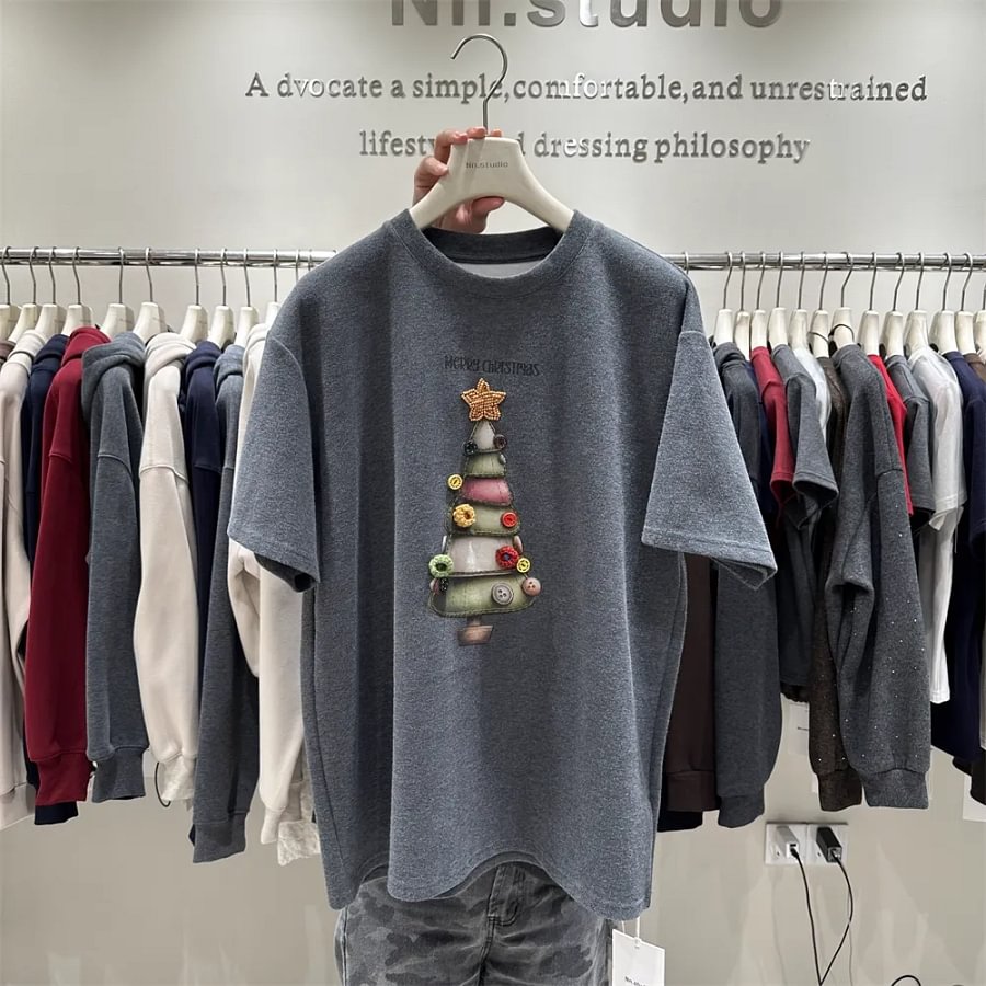 VINESU 🌲Heavy-Duty 3D Christmas Tree Embellished 220g 100% Cotton Tee